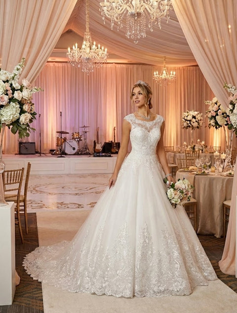 DeKlaire 456 A-Line Wedding Dress with Scoop Neck, Cap Sleeves & Chapel Train