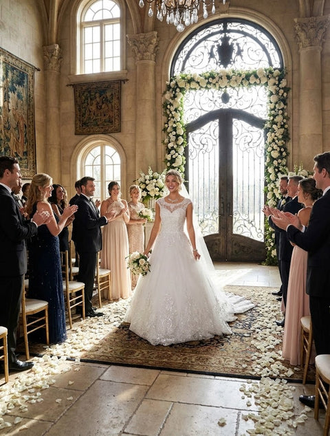 DeKlaire 456 A-Line Wedding Dress with Scoop Neck, Cap Sleeves & Chapel Train