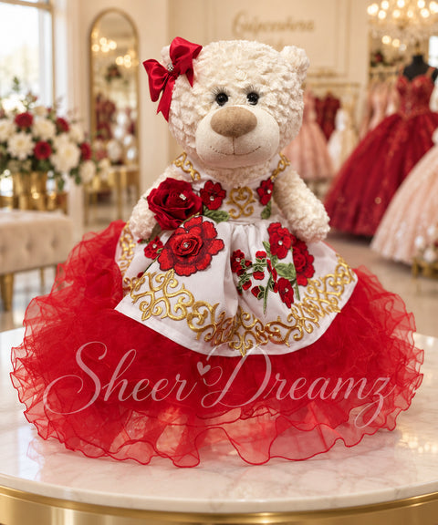 White and red Charro quinceañera teddy bear by Sheer Dreamz