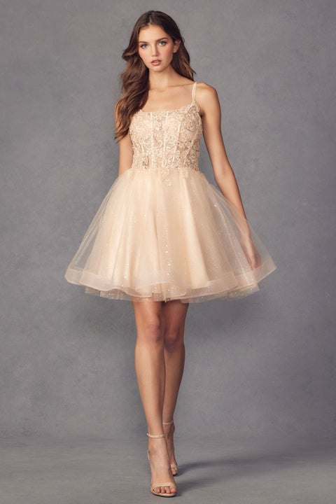 Sleeveless Glitter Tulle Dress with Embroidery by Juliet 883