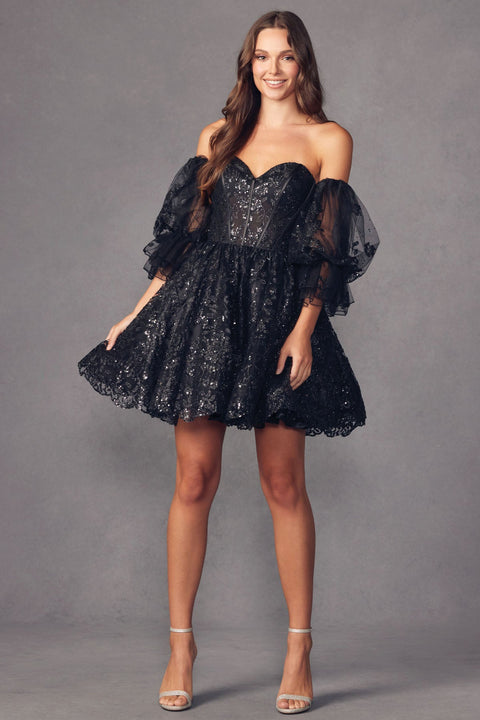 Juliet 895: A-line Dress with Glitter Print and Charming Puff Sleeves