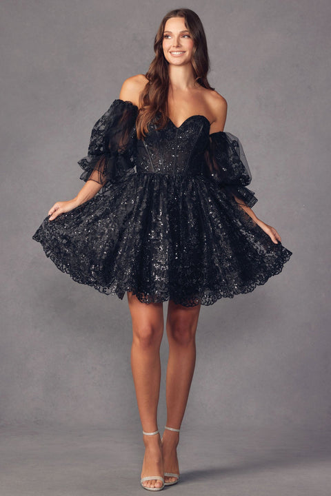 Juliet 895: A-line Dress with Glitter Print and Charming Puff Sleeves