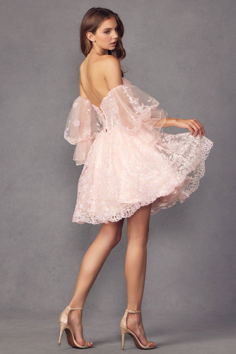 Juliet 895: A-line Dress with Glitter Print and Charming Puff Sleeves