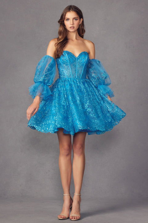 Juliet 895: A-line Dress with Glitter Print and Charming Puff Sleeves