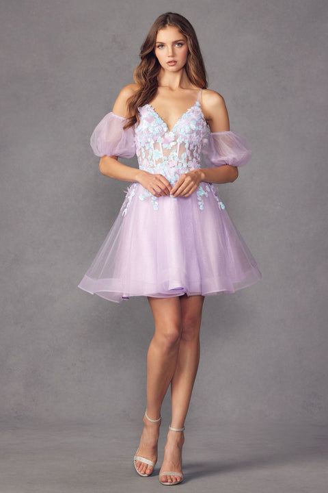 Juliet 901's V-Neck Dress with Short Puff Sleeves and 3D Butterfly Accents