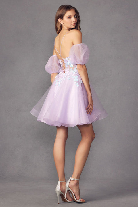 Juliet 901's V-Neck Dress with Short Puff Sleeves and 3D Butterfly Accents