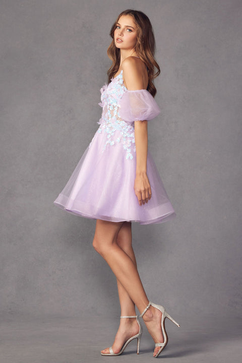 Juliet 901's V-Neck Dress with Short Puff Sleeves and 3D Butterfly Accents
