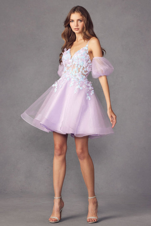 Juliet 901's V-Neck Dress with Short Puff Sleeves and 3D Butterfly Accents