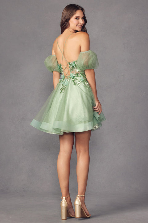 Juliet 901's V-Neck Dress with Short Puff Sleeves and 3D Butterfly Accents