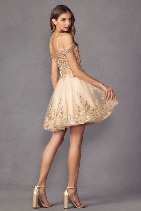 Juliet 903: A-line Cold Shoulder Dress with Dazzling Glitter Print