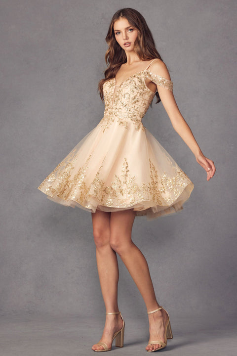 Juliet 903: A-line Cold Shoulder Dress with Dazzling Glitter Print