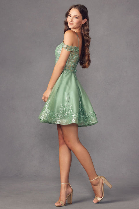 Juliet 903: A-line Cold Shoulder Dress with Dazzling Glitter Print