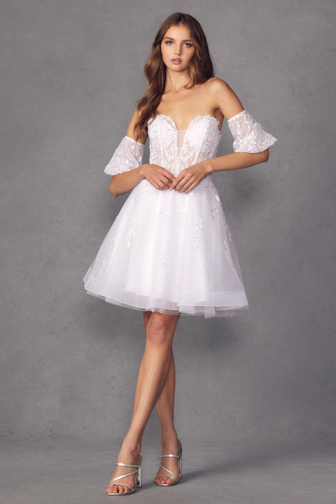 Juliet 909 Embroidered Short Tulle Dress with a Sweetheart Neckline.