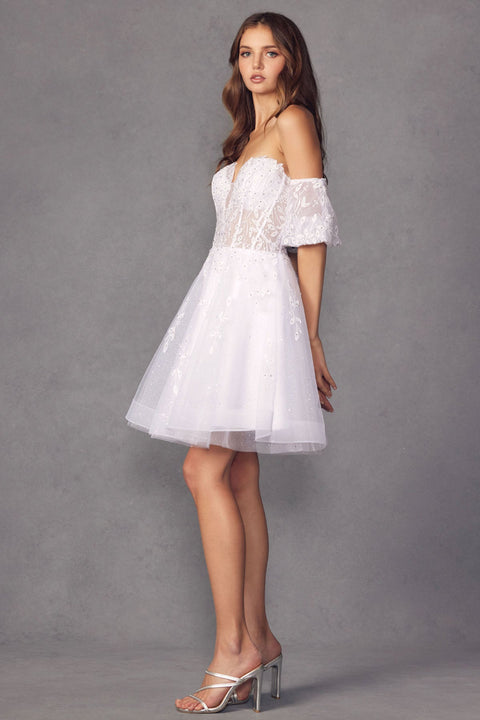 Juliet 909 Embroidered Short Tulle Dress with a Sweetheart Neckline.