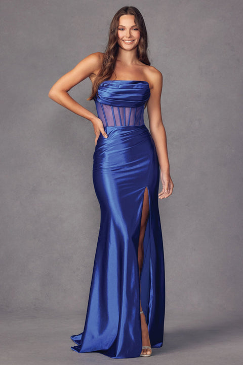 Juliet 2416: Strapless Fitted Gown with Sheer Corset Bodice and Slit