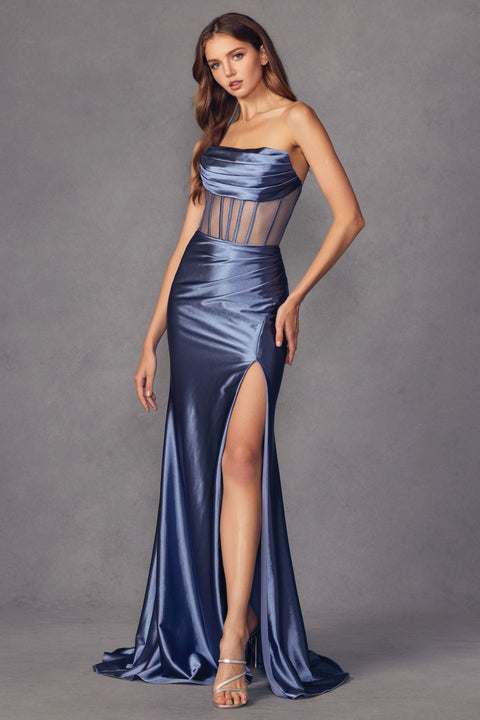 Juliet 2416: Strapless Fitted Gown with Sheer Corset Bodice and Slit