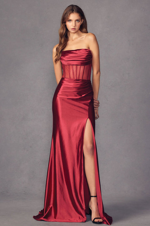 Juliet 2416: Strapless Fitted Gown with Sheer Corset Bodice and Slit