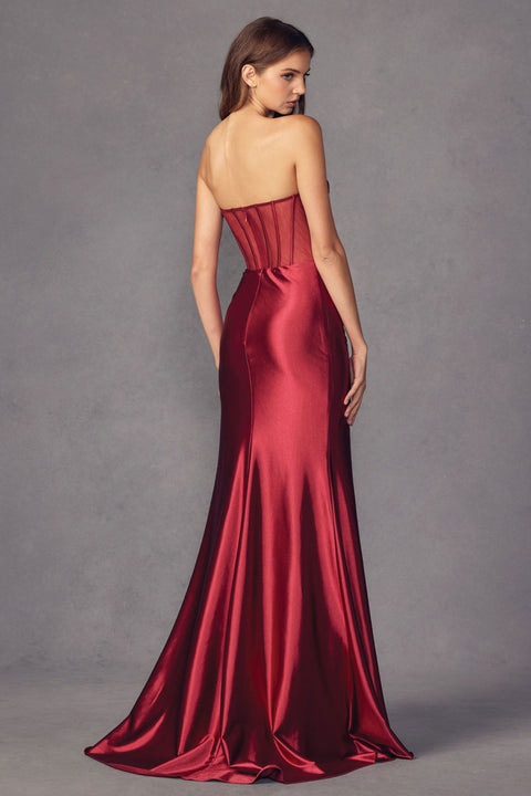 Juliet 2416: Strapless Fitted Gown with Sheer Corset Bodice and Slit