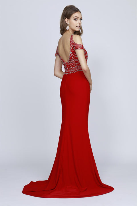 Juliet 660's Fitted Dress with Beaded Embellishments and Cold Shoulder Detail