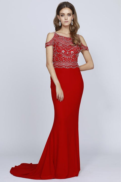 Juliet 660's Fitted Dress with Beaded Embellishments and Cold Shoulder Detail