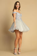 Adora 1041: Short Off Shoulder Dress with Floral Applique