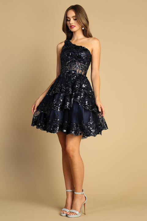 Adora 1044's Short One-Shoulder Dress with Sequin Appliqué
