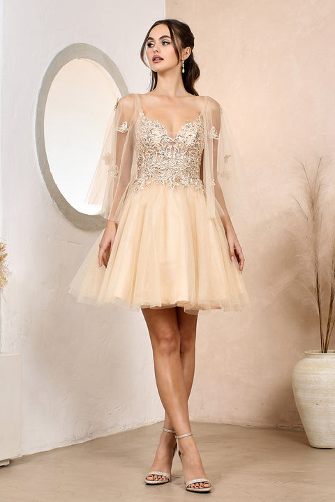 Adora 1053 presents an A-line Dress with Butterfly Applique Short Cape