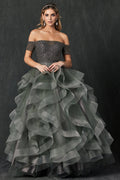 Off Shoulder Ruffled Ball Gown by Juliet 395
