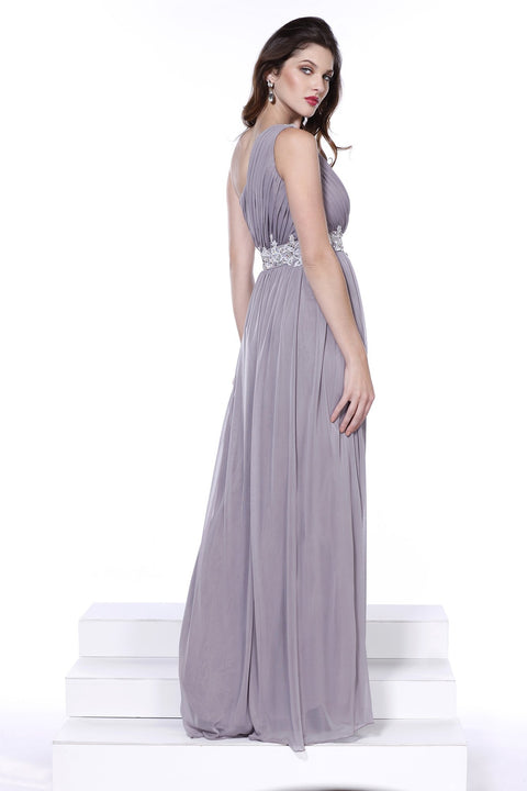 Embroider Rhinestone Flowers on Waistband and One Shoulder Long Dress _2688 By Nox Anabel
