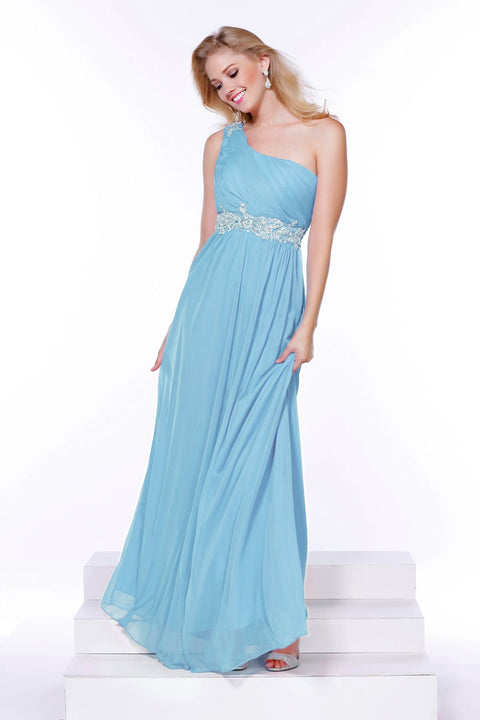 Embroider Rhinestone Flowers on Waistband and One Shoulder Long Dress _2688 By Nox Anabel
