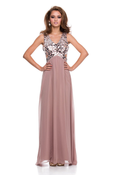 Mirror Work On Front Neckline Cut Glass Open Back Long Dress 2719 by Nox Anabel