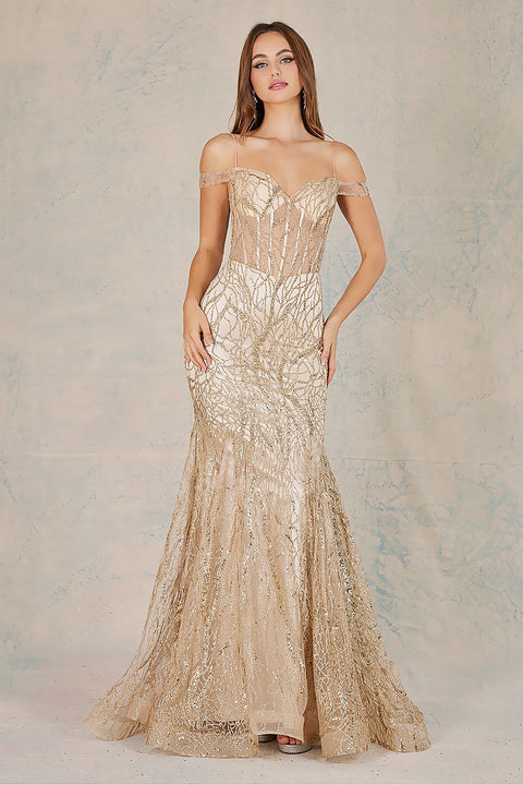 Adora 3075: Cold Shoulder Mermaid Dress with Glitter Print
