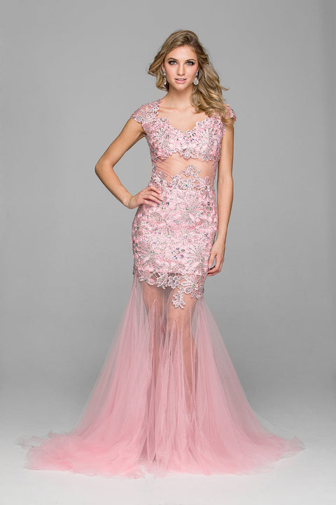 Jeweled Bodice Mermaid Allover Shirring Tulle Sleeveless Dress 3127 by Nox Anabel