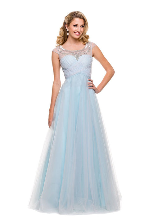 A-Line Scoop Beaded Neckline Cap Sleeves Tulle Long Dress 3131 by Nox Anabel