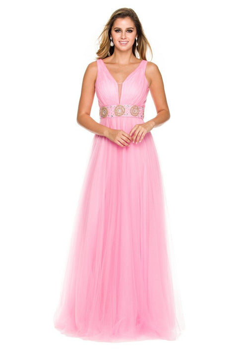 A-Line V-Neck Beaded Waistline Long Prom Dress 3134 by Nox Anabel - sheerdreamz