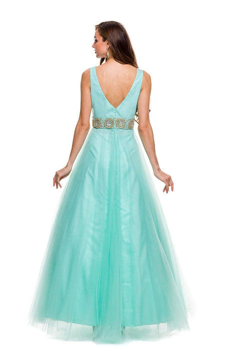 A-Line V-Neck Beaded Waistline Long Prom Dress 3134 by Nox Anabel - sheerdreamz