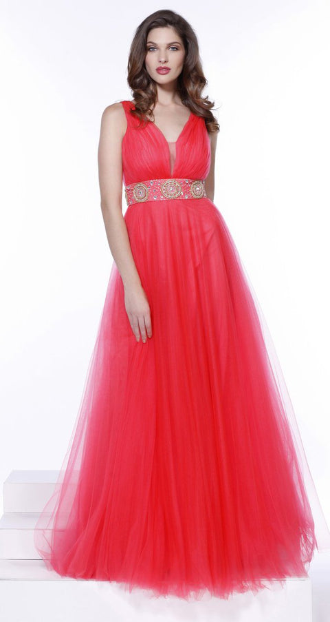 A-Line V-Neck Beaded Waistline Long Prom Dress 3134 by Nox Anabel - sheerdreamz