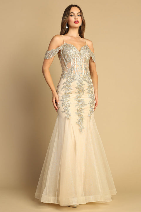 Adora 3156: Mermaid Dress with Applique Detailing and Cold Shoulder Design
