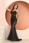 Adora 3160: Fitted Slit Gown with Glitter Print and Sheer Details