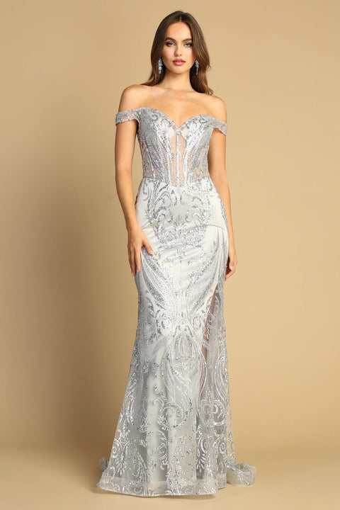 Adora 3168: Off Shoulder Mermaid Gown with Glitter Print