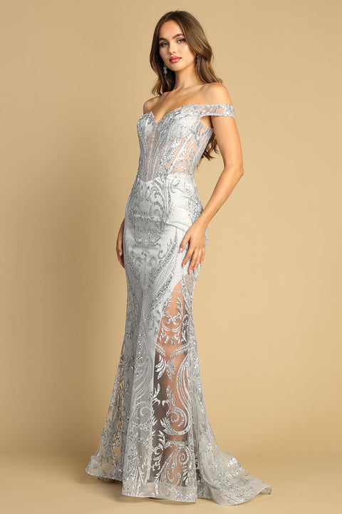 Adora 3168: Off Shoulder Mermaid Gown with Glitter Print