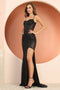 Adora 3173: Fitted Slit Gown with Glitter Print, Sheer Corset