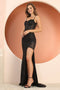 Adora 3173: Fitted Slit Gown with Glitter Print, Sheer Corset