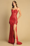 Adora 3173: Fitted Slit Gown with Glitter Print, Sheer Corset