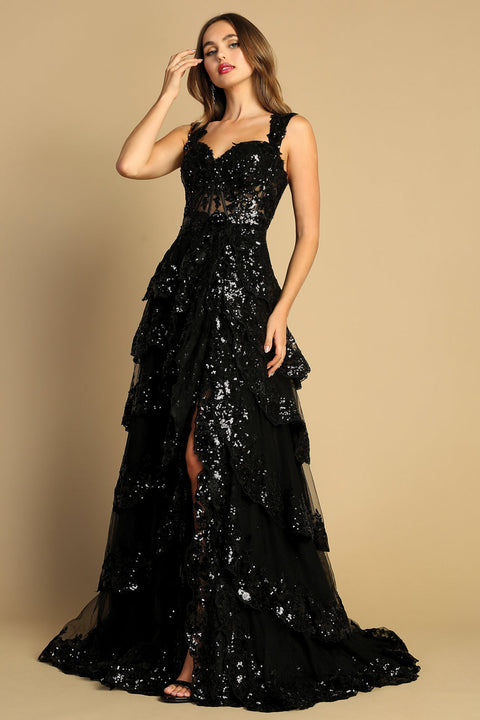Adora 3174's Tiered A-line Gown with Sequin Appliqué and Slit
