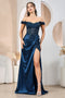 Adora's Off-Shoulder Corset Gown with 3D Floral Accents and Slit, item number 3199