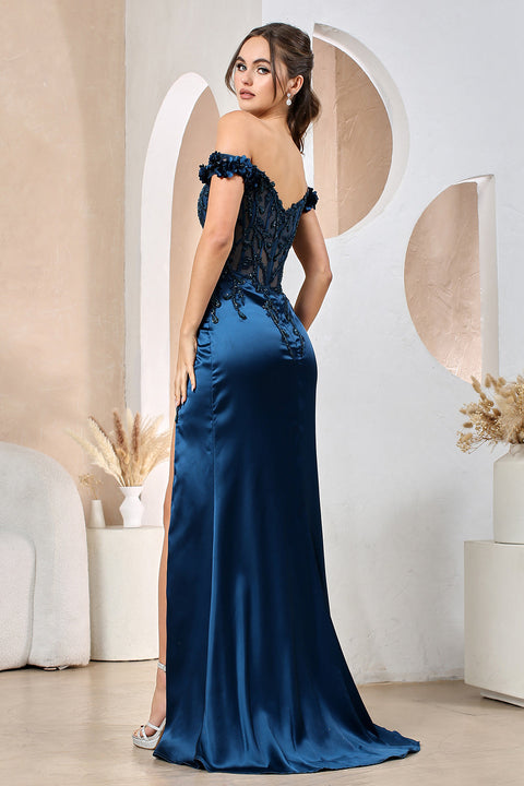 Adora's Off-Shoulder Corset Gown with 3D Floral Accents and Slit, item number 3199