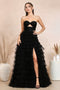 Adora 3204: Tiered A-line Dress with Slit and Strapless Long Design