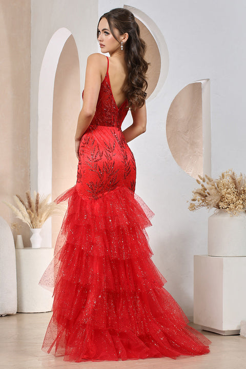 Adora 3205 Mermaid Dress with Tiered Slits and Shimmering V-Neck Print