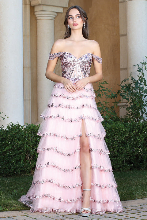 Adora 3213: A-line Tiered Slit Gown with Off-Shoulder Sequins